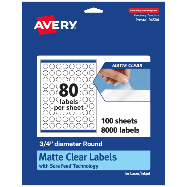 Avery Permanent Labels With Sure Feed, 94504-CMF100, Round, 3/4in, Matte Clear, Pack Of 8,000