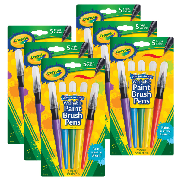 Crayola Washable No Drip Paint Brush Pens, Assorted Colors, 5 Pens Per Pack, Bundle Of 6 Packs