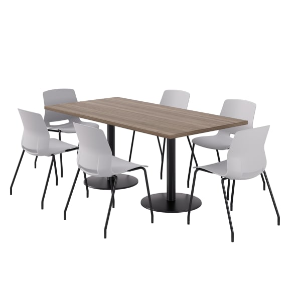 KFI Studios Proof Rectangle Pedestal Table With Imme Chairs, 31-3/4inH x 72inW x 36inD, Studio Teak Top/Black Base/Light Gray Chairs