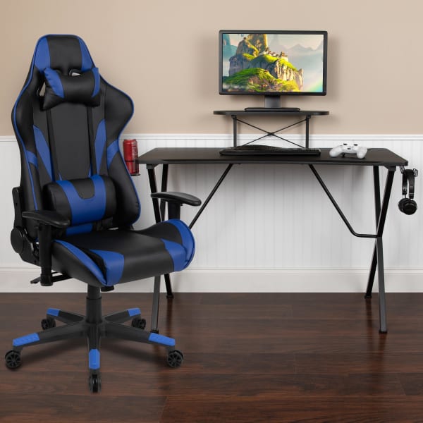 Flash Furniture Gaming Desk And Reclining Chair Set With Cup Holder, Headphone Hook & Monitor/Smartphone Stand, Blue