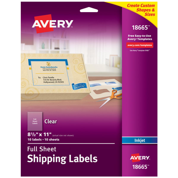 Avery Easy Peel Permanent Address Labels, Shipping, 18665, 8 1/2in x 11in, Matte Clear, Box Of 10