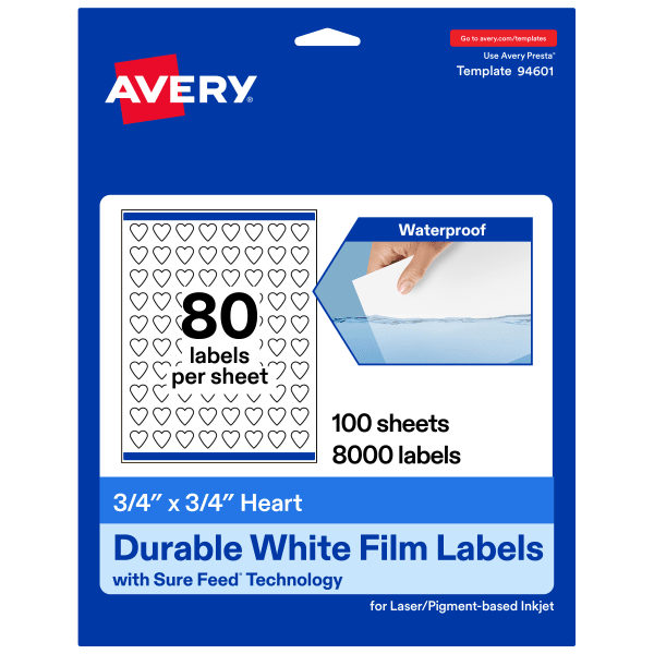 Avery Waterproof Permanent Labels With Sure Feed, 94601-WMF100, Heart, 3/4in x 3/4in, White, Pack Of 8,000