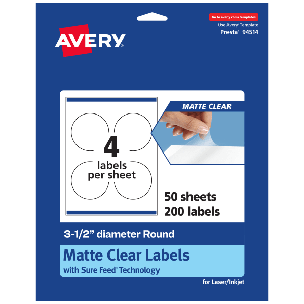 Avery Permanent Labels With Sure Feed, 94514-CMF50, Round, 3-1/2in, Matte Clear, Pack Of 200