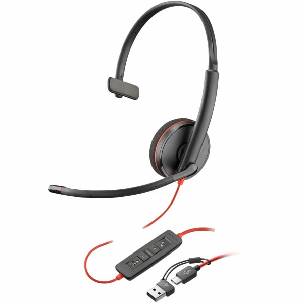 Poly Blackwire 3210 Monaural USB-C Headset +USBC/A Adapter - Mono - USB Type C, Mini-phone (3.5mm) - Wired - 32 Ohm - On-ear - Monaural - Ear-cup - 5.20 ft Cable - Omni-directional Microphone - Noise Canceling - Black