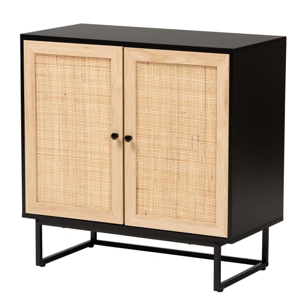 Baxton Studio Declan 31-1/2inW Mid-Century Modern Natural Rattan 2-Door Storage Cabinet, Espresso Brown/Black