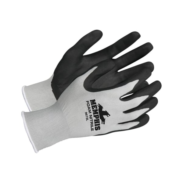Memphis Shell Lined Protective Gloves - Medium Size - Nylon, Foam Palm, Nitrile Palm - Gray, Black, White - Knit Wrist, Knitted Cuff, Comfortable - For Material Handling, Assembling, Farming, Construction, Landscape, Plumbing, Shipping - 1 Dozen