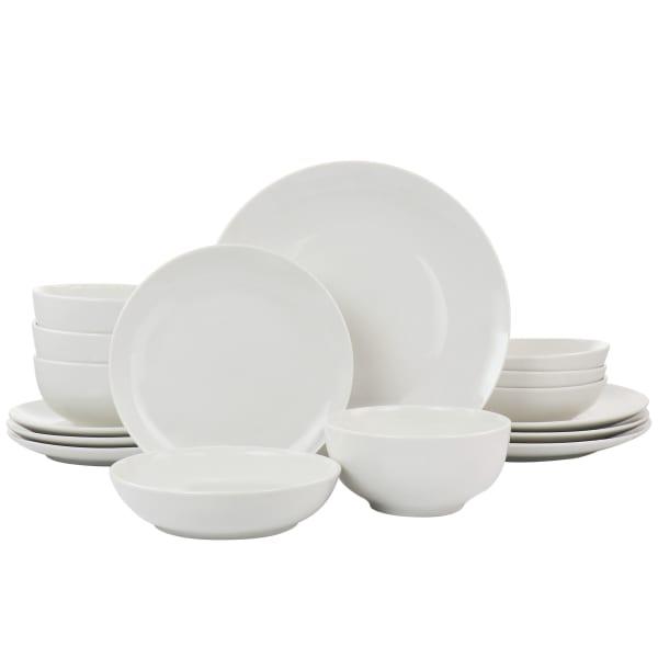 Elama Camellia 16-Piece Porcelain Double-Bowl Dinnerware Set, White