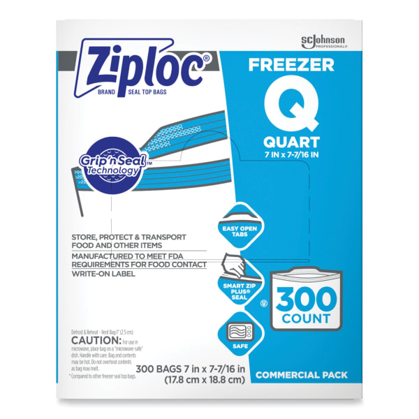 Ziploc Double Zipper Freezer Bags, 1-Quart, Clear, Carton Of 300 Bags