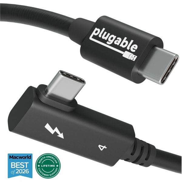 Plugable Thunderbolt 4 Cable Right Angle 40Gbps with 240W EPR Charging, 8K Display, Intel Certified - 2.6 Feet (80CM) Compatible with USB4, Thunderbolt 3, USB C, iPad, MacBook, Windows