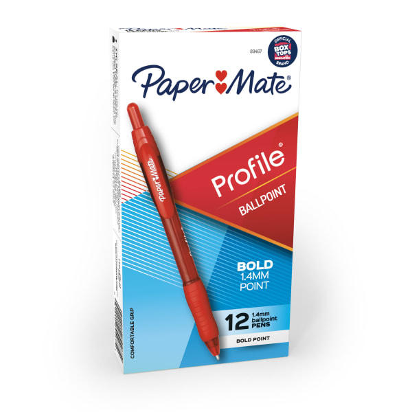 Paper Mate Profile Retractable Ballpoint Pens, Bold Point, 1.4 mm, Translucent Barrel, Red Ink, Pack Of 12