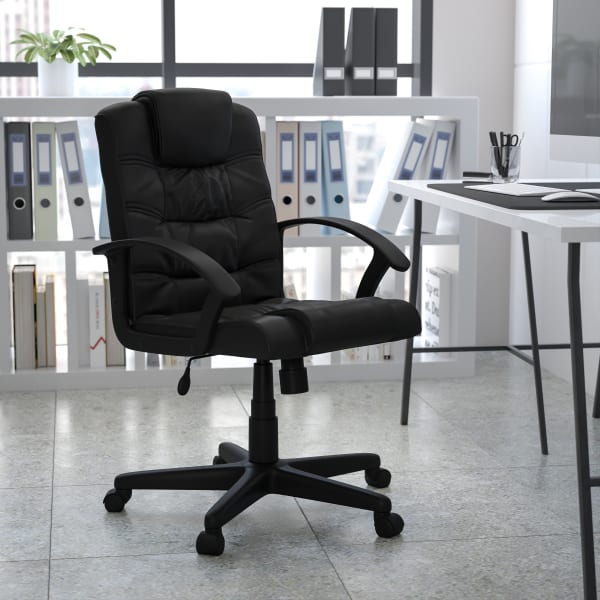 Flash Furniture LeatherSoft Faux Leather Mid-Back Swivel Task Chair With 21 1/2in Back Cushion, Black