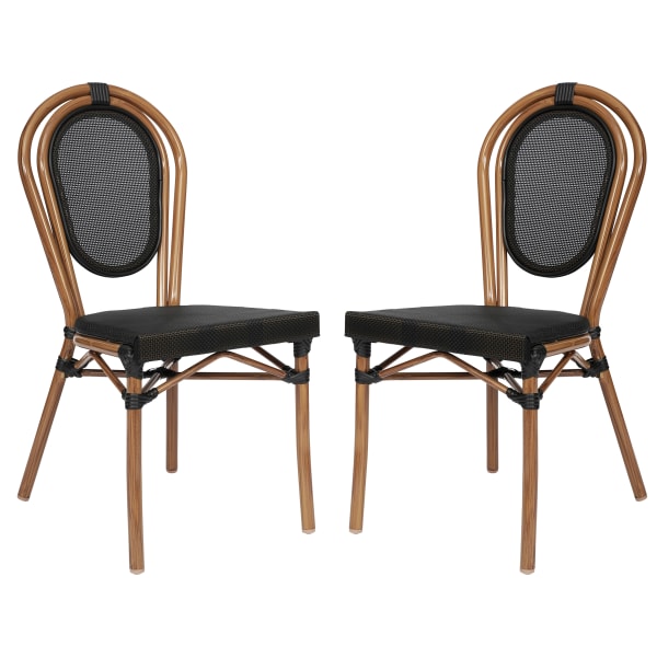 Flash Furniture 2 Pack Marseille Indoor/Outdoor Commercial Thonet Bistro Stacking Chair, Textilene and Bamboo Print Aluminum Frame, Black/Natural Frame
