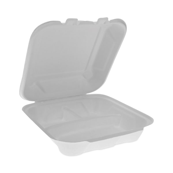 Pactiv Evergreen EarthChoice Bagasse Hinged Lid Containers, 2-13/16inH x 7-13/16inW x 7-13/16inD, Natural, Case Of 150 Containers