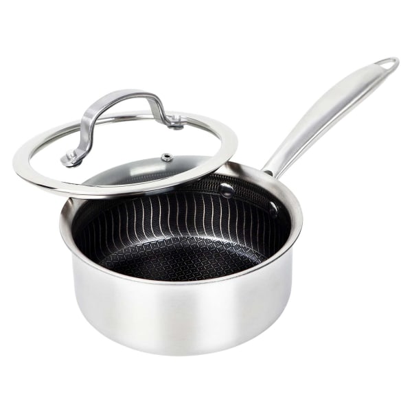 Brentwood 3-Ply Hybrid Non-Stick Stainless Steel Saucepan with Tempered Glass Lid, 1.5-Qt., Silver