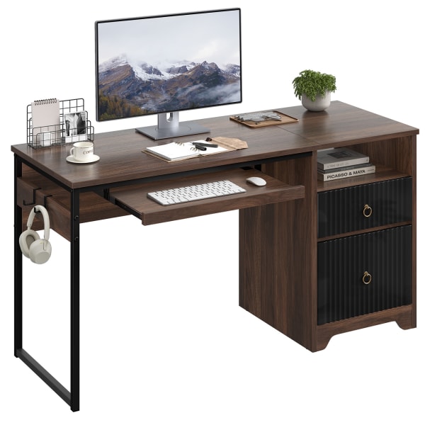 Bestier 56inW Writing Computer Desk With Storage And Keyboard Tray, Walnut