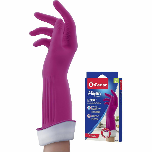 O-Cedar Playtex Living Gloves - Chemical, Bacteria Protection - Medium Size - Latex, Neoprene, Nitrile - Pink - Anti-microbial, Reusable, Durable, Comfortable, Odor Resistant, Textured Palm, Textured Fingertip - For Household, Cleaning - 2 / Pair