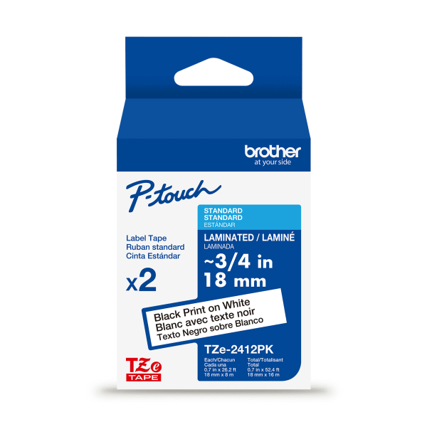 Brother P-touch TZe2412PK, Laminated, ~0.7 in x 26.2 ft (18mm x 8m), Black on White Label Tape, 2 pack