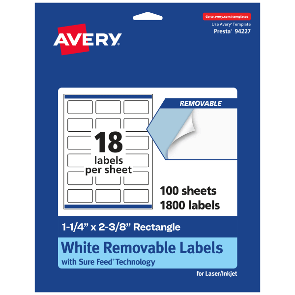 Avery Removable Labels With Sure Feed, 94227-RMP100, Rectangle, 1-1/4in x 2-3/8in, White, Pack Of 1,800 Labels