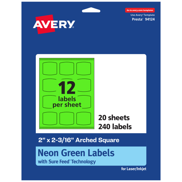 Avery Print-To-The-Edge Labels With Sure Feed Technology, 94124-NGP20, Arched Square, 2in x 2-3/16in, Matte Neon Green, Pack of 240