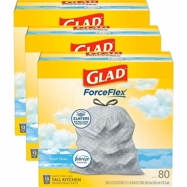 Glad ForceFlex Tall Kitchen Drawstring Trash Bags With Febreze Freshness, 13 Gallon, White, 80 Per Box, Carton Of 3 Boxes