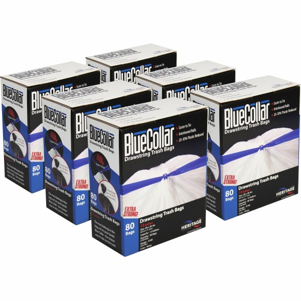 BlueCollar 13-gallon Drawstring Trash Bags - 13 gal Capacity - 24in Width x 28in Length x 0.80 mil (20 Micron) Thickness - Drawstring Closure - White - Garbage - 80 Box - 6 / Carton
