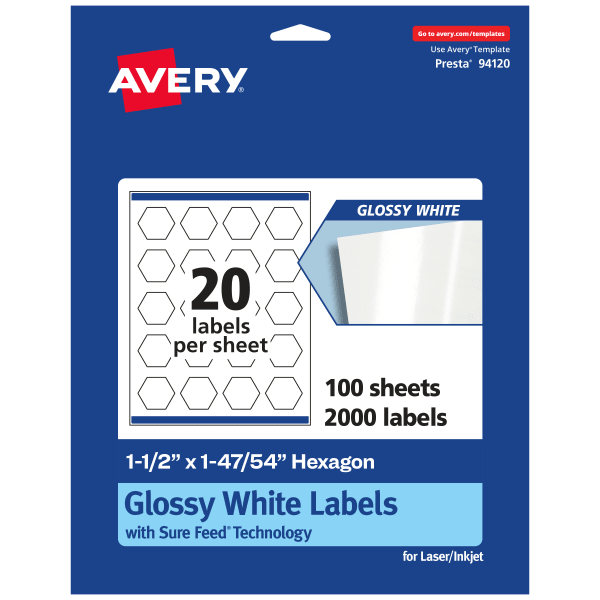 Avery Glossy Permanent Labels With Sure Feed, 94120-WGP100, Hexagon, 1-1/2in x 1-47/54in, White, Pack Of 2,000