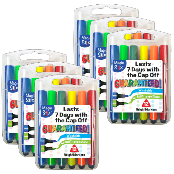 The Pencil Grip Magic Stix Triangular Markers, Bullet Point, Assorted Colors, 12 Markers Per Pack, Set Of 6 Packs