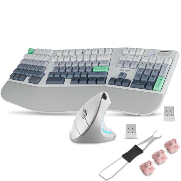 Delton Wireless Mechanical Keyboard with Wrist Rest and Vertical Computer Mouse Combo, White, Total Qty 1