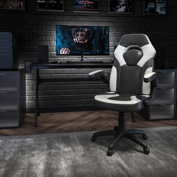 Flash Furniture X10 Ergonomic LeatherSoft Faux Leather High-Back Racing Gaming Chair With Flip-Up Arms, White/Black