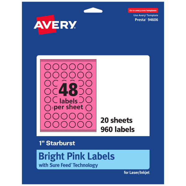 Avery Print-To-The-Edge Labels With Sure Feed Technology, 94606-BPP20, Starburst, 1in, Matte Bright Pink, Pack of 960