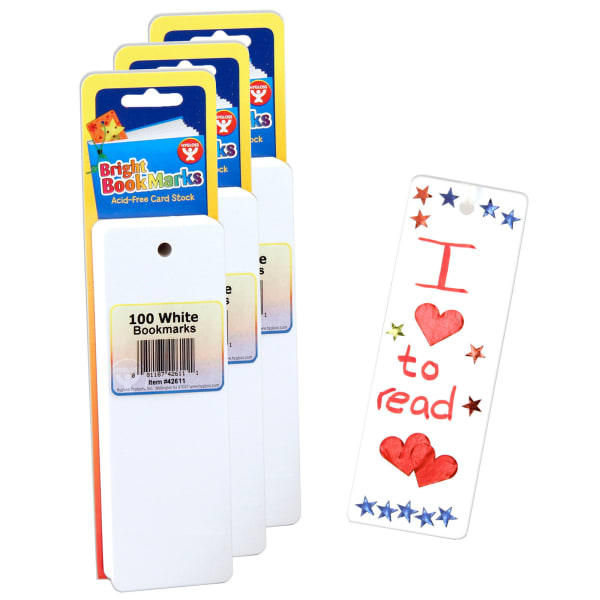 Hygloss Mighty Bright Blank Bookmarks, 2in x 6in, 100 Ultra White Per Pack, Set Of 3 Packs