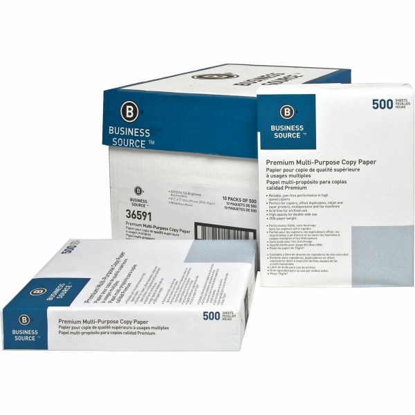 Business Source Premium Multi-Use Printer & Copy Paper, 10 Reams, White, Letter (8.5in x 11in), 5000 Sheets Per Case, 20 Lb, 92 Brightness