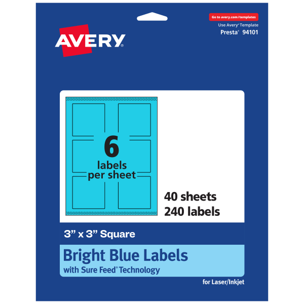 Avery Print-To-The-Edge Labels With Sure Feed Technology And Easy Peel Label Feature, 94101-BBP40, Square, 3in x 3in, Matte Bright Blue, Pack of 240