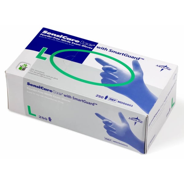 Medline SensiCare Ice Blue Nitrile Exam Gloves - 9.50in Glove - Large Size - Dark Blue - Comfortable, Chemical Resistant, Late - 0