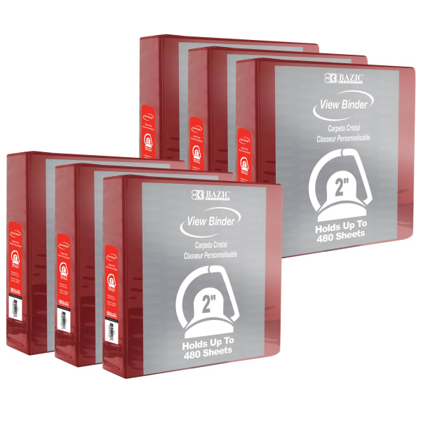 BAZIC Products 3-Ring View Binder With 2 Pockets, 2in Slant D, Burgundy, Pack Of 6