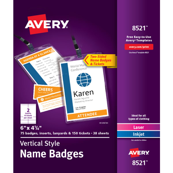 Avery Vertical Name Badge Kit, 6in x 4 1/4in, White, Pack Of 75 Badges