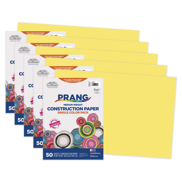 Prang Construction Paper, Medium Weight, 12in x 18in, Yellow, 50 Sheets Per Pack, Set Of 5 Packs