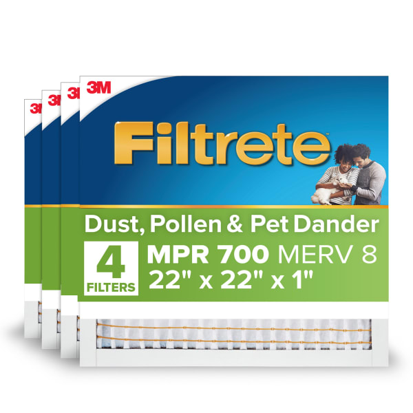 Filtrete 22 x 22 x 1 Air Filter, 4 HVAC Filters, MPR 700, MERV 8, Easy on Airflow, Dust, Pollen & Pet Dander, 3 Month AC and Furnace Filters
