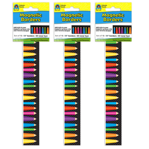 Teacher Created Resources Magnetic Borders, 24in x 1-1/2in, Colored Pencils, 12 Borders Per Pack, Set Of 3 Packs