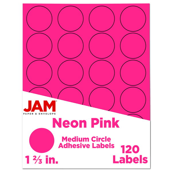 JAM Paper Circle Labels, 1-5/8in, Neon Pink, 24 Labels Per Sheet, Pack Of 5 Sheets