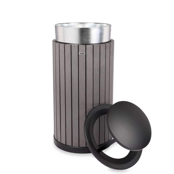 Alpine Slatted Recycled Plastic Panel Round Outdoor Trash Can with Rain Bonnet Lid, 32 Gallon, 33-7/8inH x 20inW x 20D, Gray
