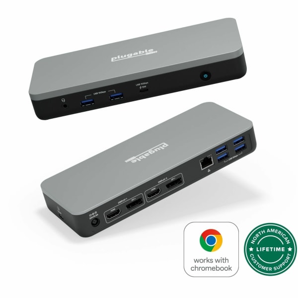 Plugable Dual 4K USB-C Chromebook Docking Station, Google Certified Chromebook Compatible, 60W Driverless Charging Dock