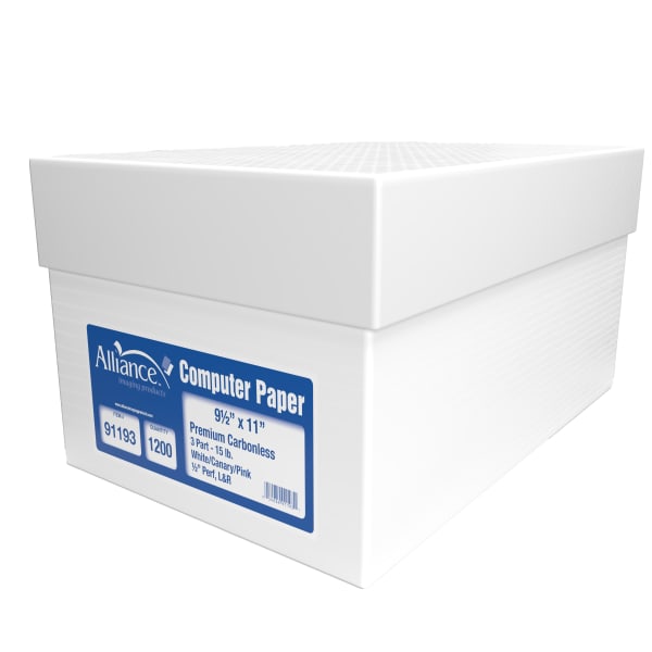Alliance 3-Part Carbonless Computer Paper, 9-1/2in x 11in, White/Canary/Pink, Ream Of 1,200 Sheets