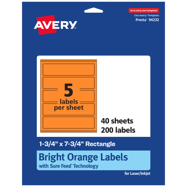 Avery Print-To-The-Edge Labels With Sure Feed Technology, 94232-BOP40, Rectangle, 1-3/4in x 7-3/4in, Matte Bright Orange, Pack of 200