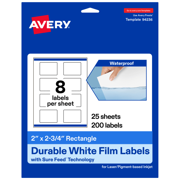 Avery Waterproof Permanent Labels With Sure Feed, 94236-WMF25, Rectangle, 2in x 2-3/4in, White, Pack Of 200