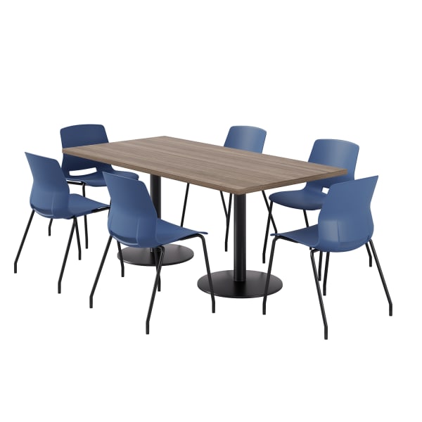 KFI Studios Proof Rectangle Pedestal Table With Imme Chairs, 31-3/4inH x 72inW x 36inD, Studio Teak Top/Black Base/Navy Chairs