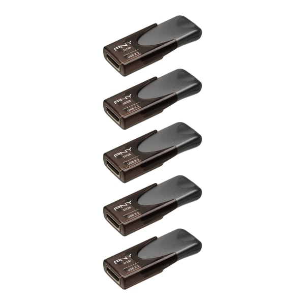 PNY Elite Turbo Attache 4 USB 3.2 Flash Drives, 32 GB, Dark Gray, Pack Of 5 Flash Drives