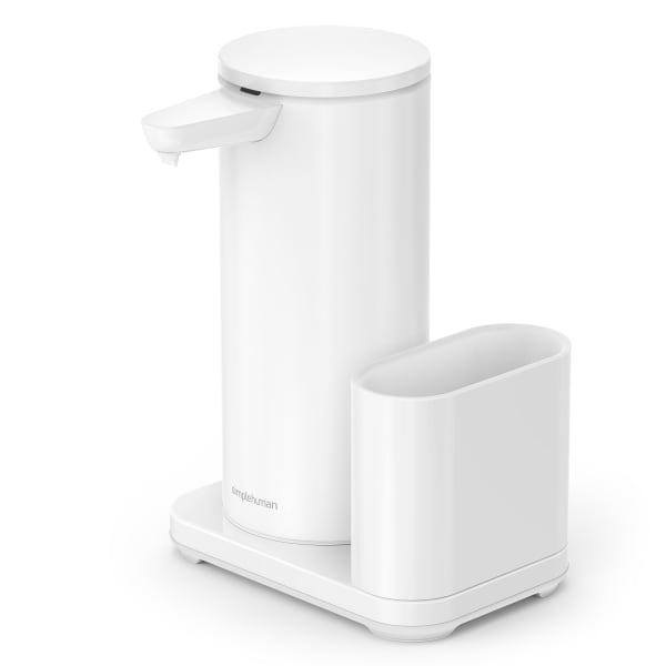 simplehuman Touch-Free Rechargeable Sensor Liquid Soap And Hand Sanitizer Dispenser, With Caddy, 14 Oz, White