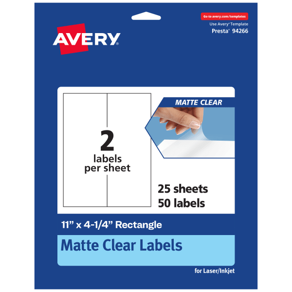 Avery Permanent Labels, 94266-CMF25, Rectangle, 11in x 4-1/4in, Matte Clear, Pack Of 50