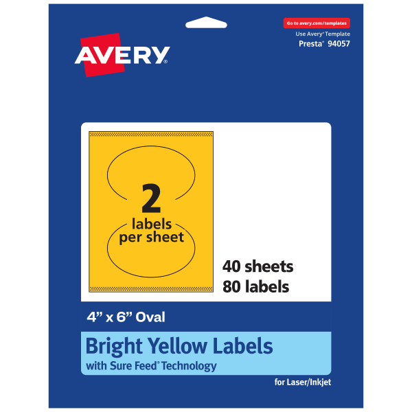 Avery Print-To-The-Edge Labels With Sure Feed Technology, 94057-BYP40, Oval, 4in x 6in, Matte Bright Yellow, Pack of 80
